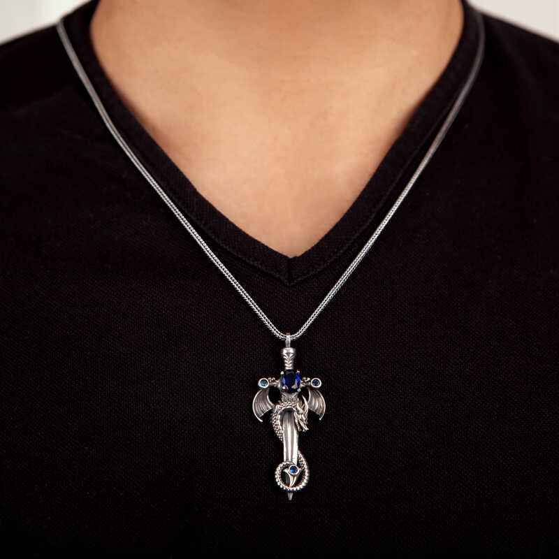 Sapphire Stone Dragon Men's Sword Silver Pendant
