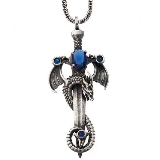 Sapphire Stone Dragon Men's Sword Silver Pendant