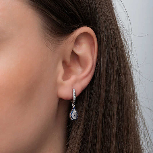 Dangling Drop Evil Eye Women's Silver Earrings