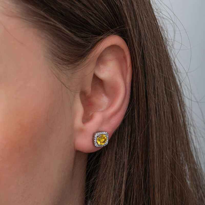 Yellow Baguette Stone Stud Women's Silver Earring