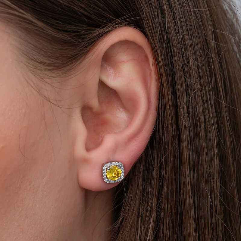 Yellow Baguette Stone Stud Women's Silver Earring