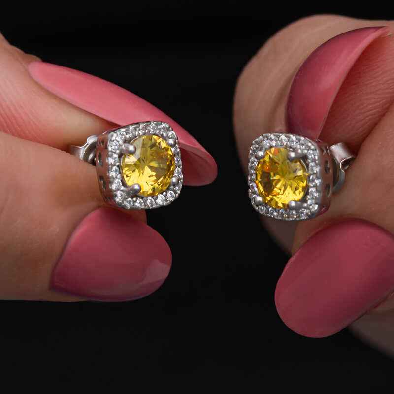 Yellow Baguette Stone Stud Women's Silver Earring