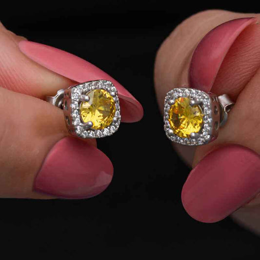 Yellow Baguette Stone Stud Women's Silver Earring