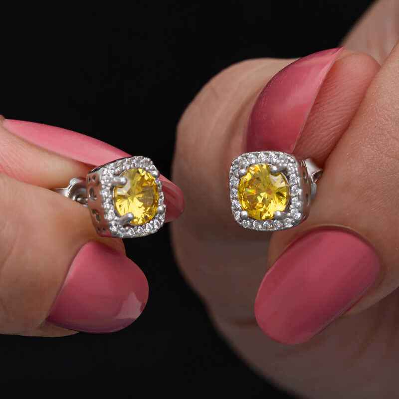 Yellow Baguette Stone Stud Women's Silver Earring