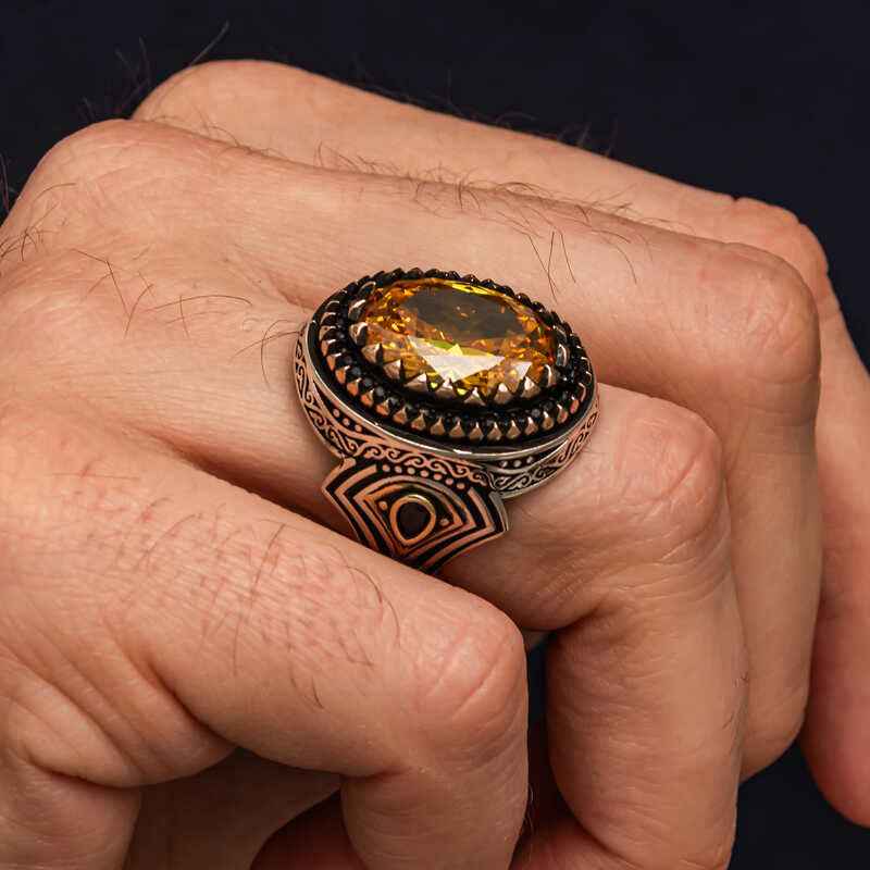Yellow Citrine Stone Patterned Men's Silver Ring