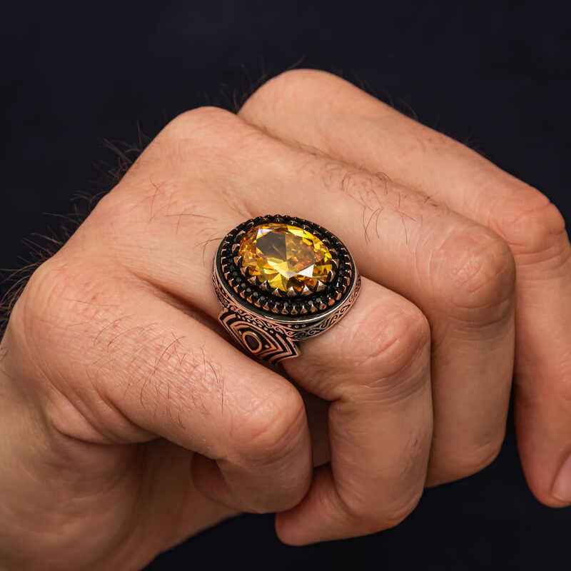 Yellow Citrine Stone Patterned Men's Silver Ring