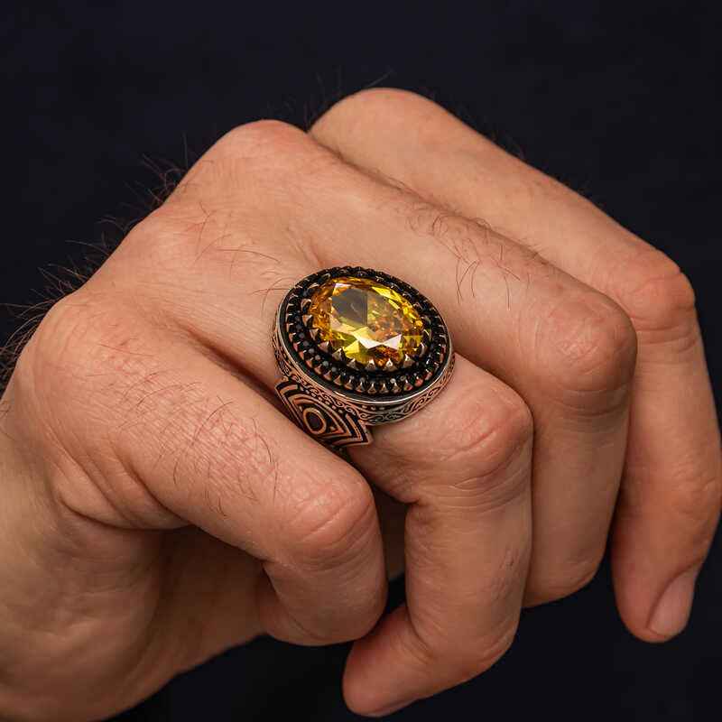 Yellow Citrine Stone Patterned Men's Silver Ring