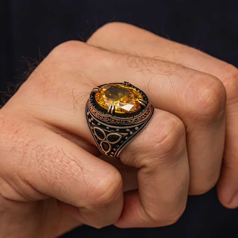Yellow Citrine Stone Men's Silver Ring