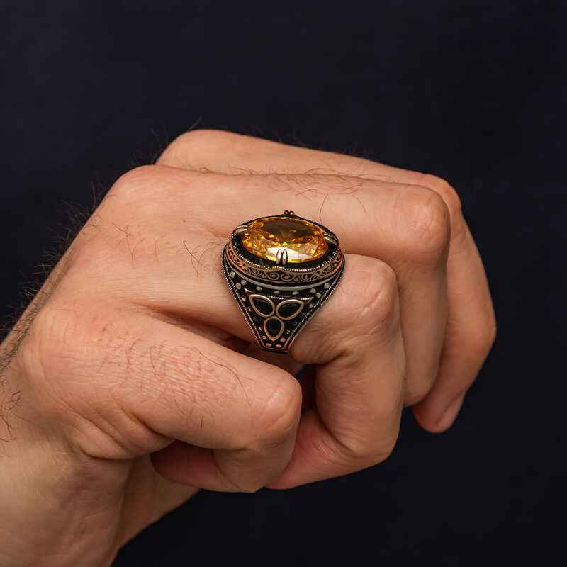Yellow Citrine Stone Men's Silver Ring