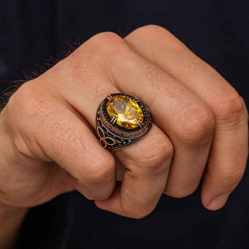 Yellow Citrine Stone Men's Silver Ring