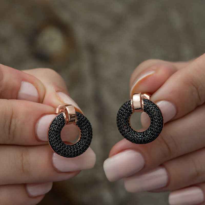 Black Multi-Stone Circle Women's Rose Plated Silver Earrings