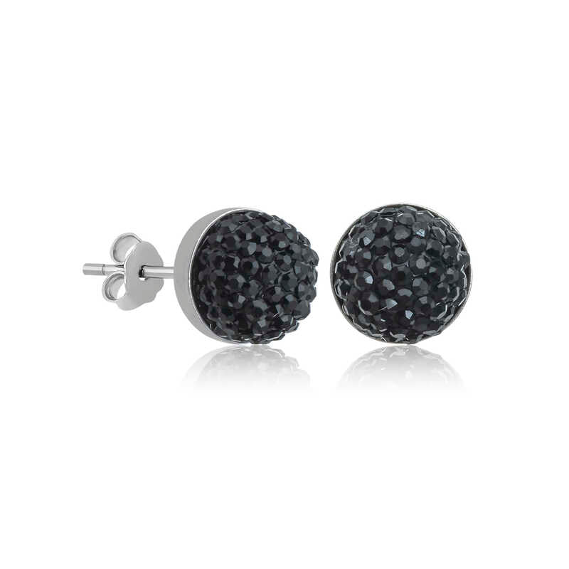 Black Crystal Stud Women's Silver Earrings