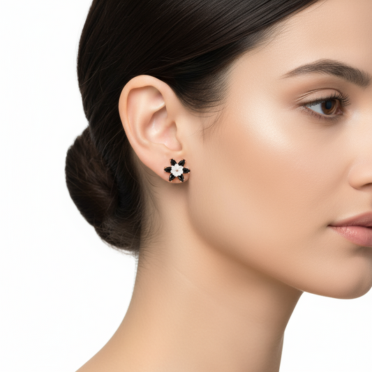 Schwarze Lotusblüten-Ohrringe aus rosévergoldetem Silber