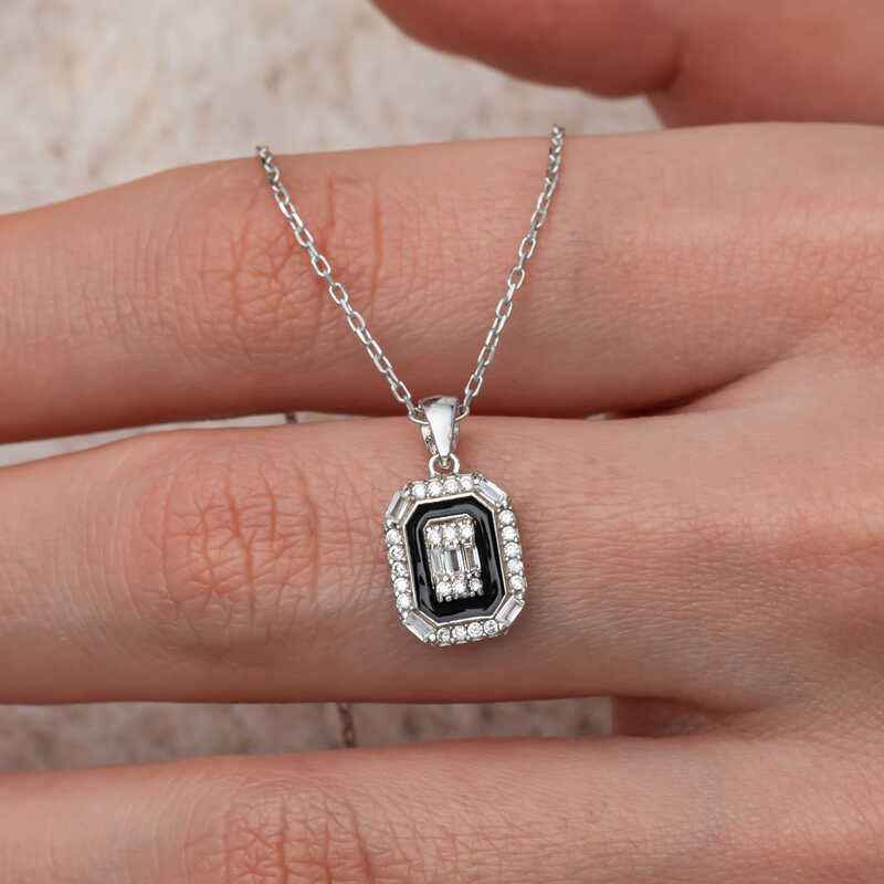 Black Enamel Baguette Women's Silver Necklace