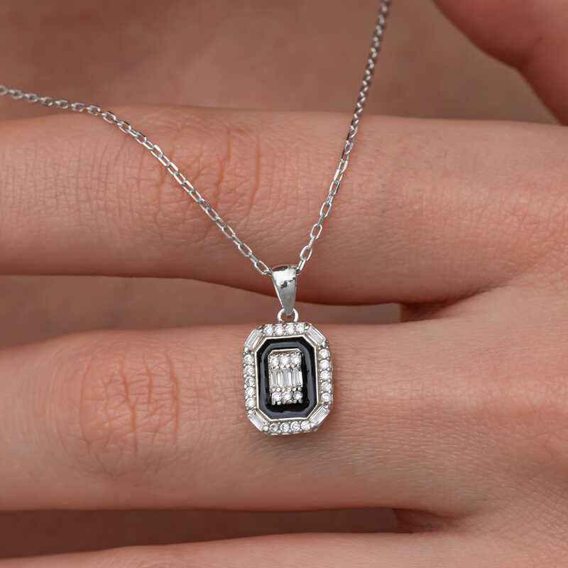 Black Enamel Baguette Women's Silver Necklace