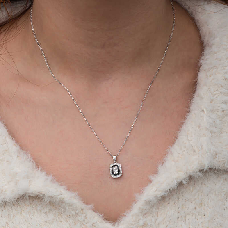 Black Enamel Baguette Women's Silver Necklace