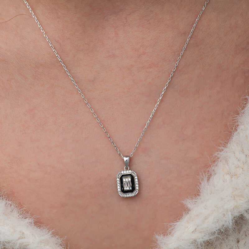 Black Enamel Baguette Women's Silver Necklace