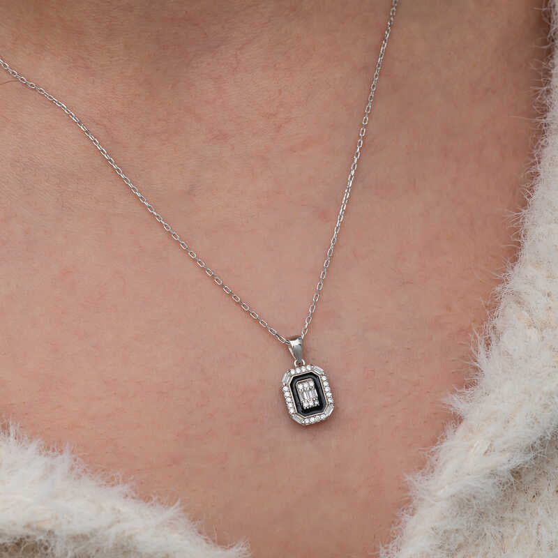 Black Enamel Baguette Women's Silver Necklace