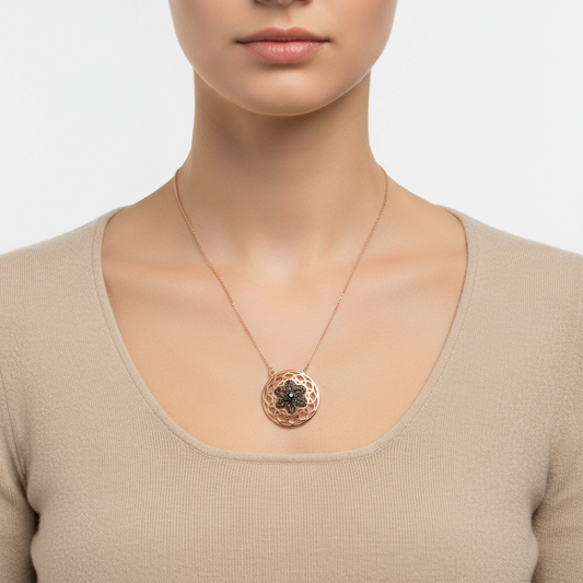 Collier en argent plaqué or rose pour femme Fleur de Vie Noire