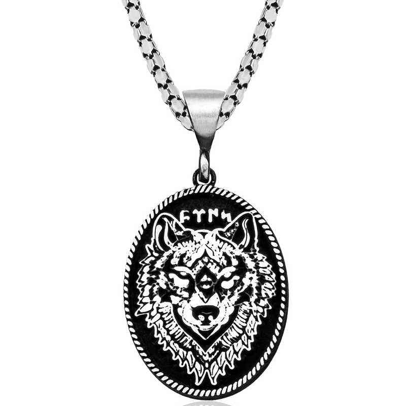 Black Background Wolf Motif with Old Turkic Inscription Silver Pendant
