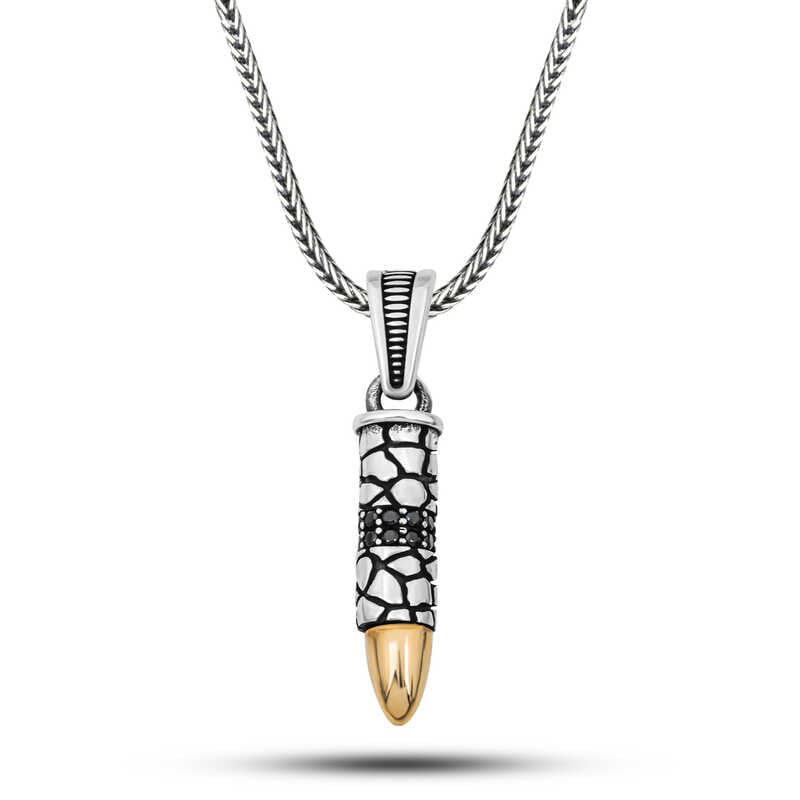 Black Zircon Stone Bullet Men's Silver Necklace