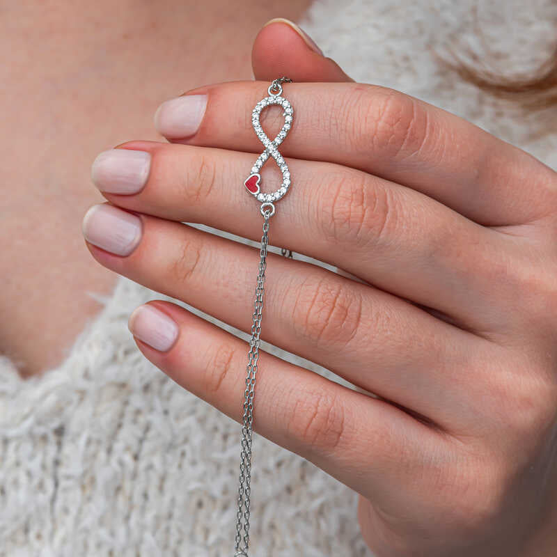 Infinity Red Heart Women's Silver Bracelet