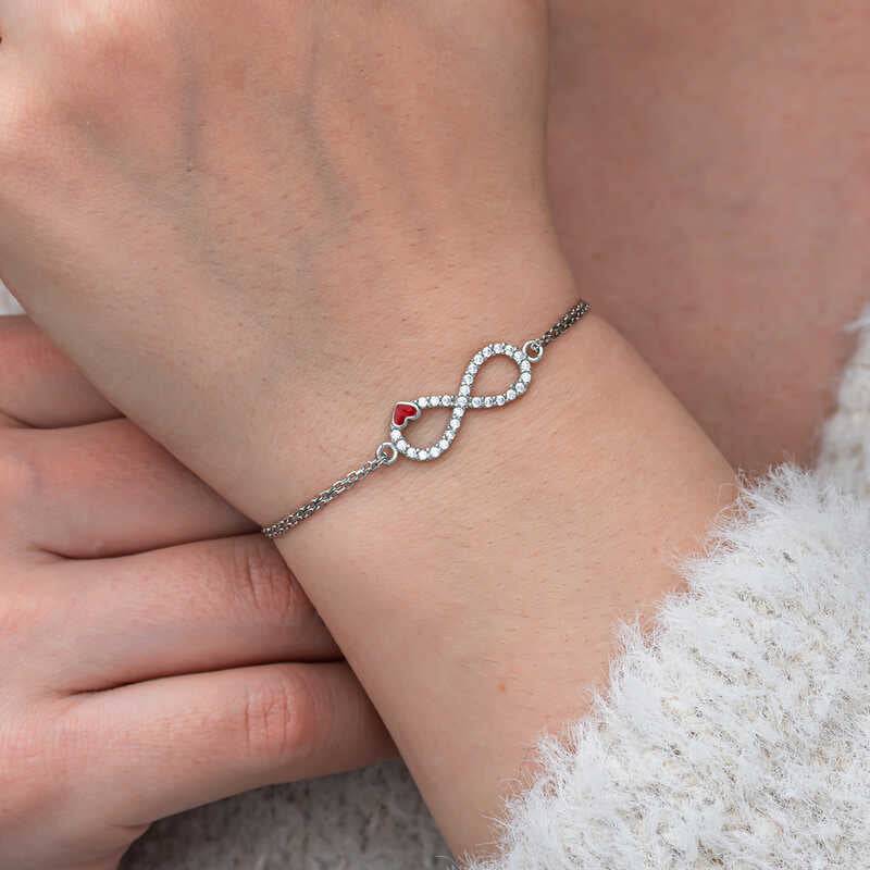 Infinity Red Heart Women's Silver Bracelet