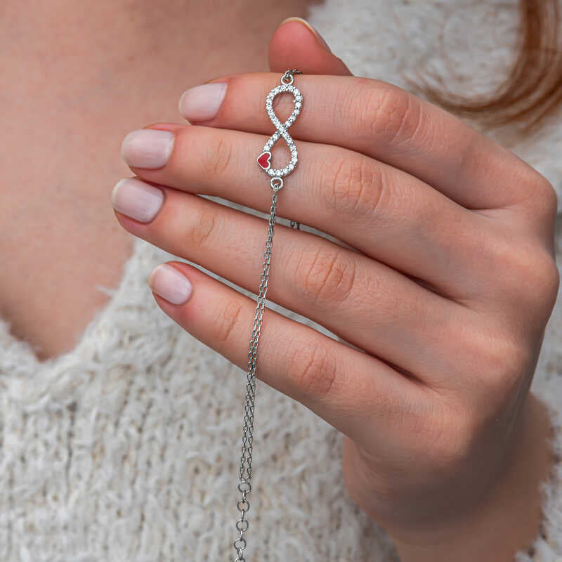 Infinity Red Heart Women's Silver Bracelet