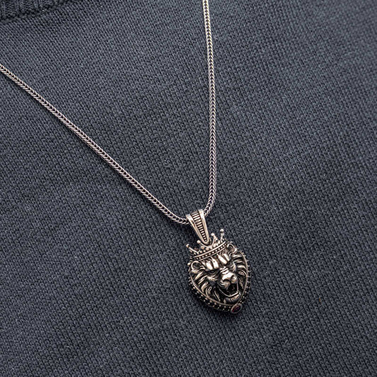 Crowned Lion Figure Men's Silver Necklace