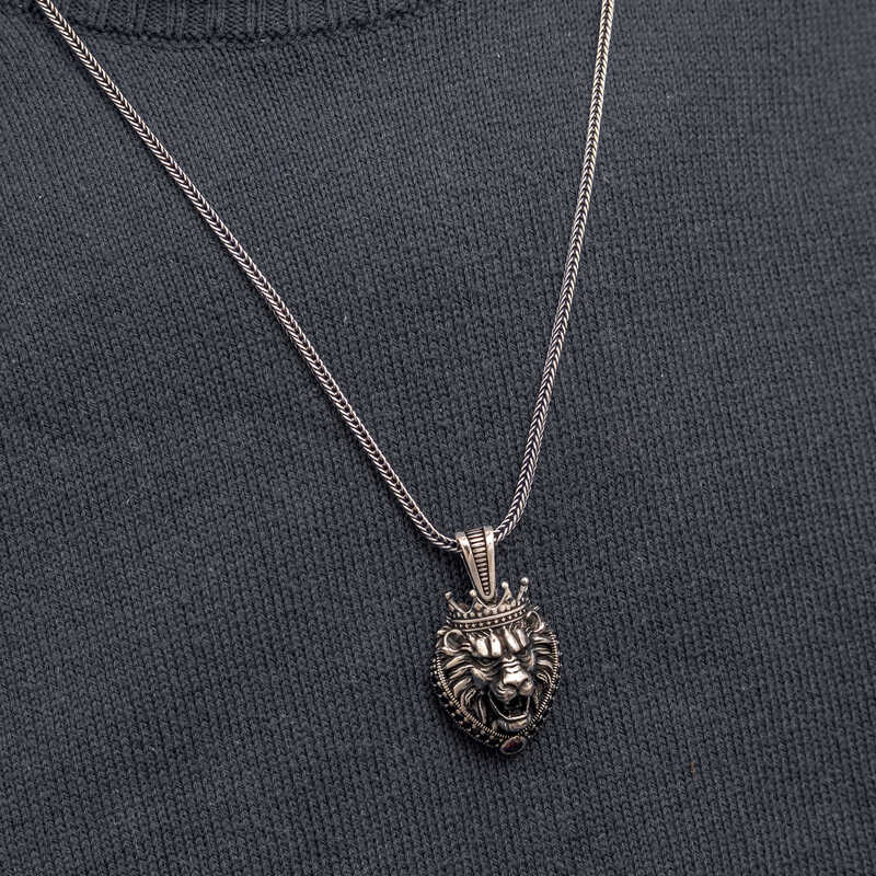 Crowned Lion Figure Men's Silver Necklace