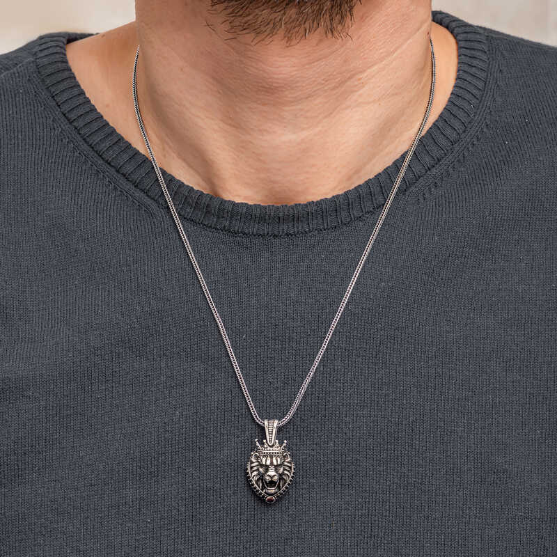 Crowned Lion Figure Men's Silver Necklace