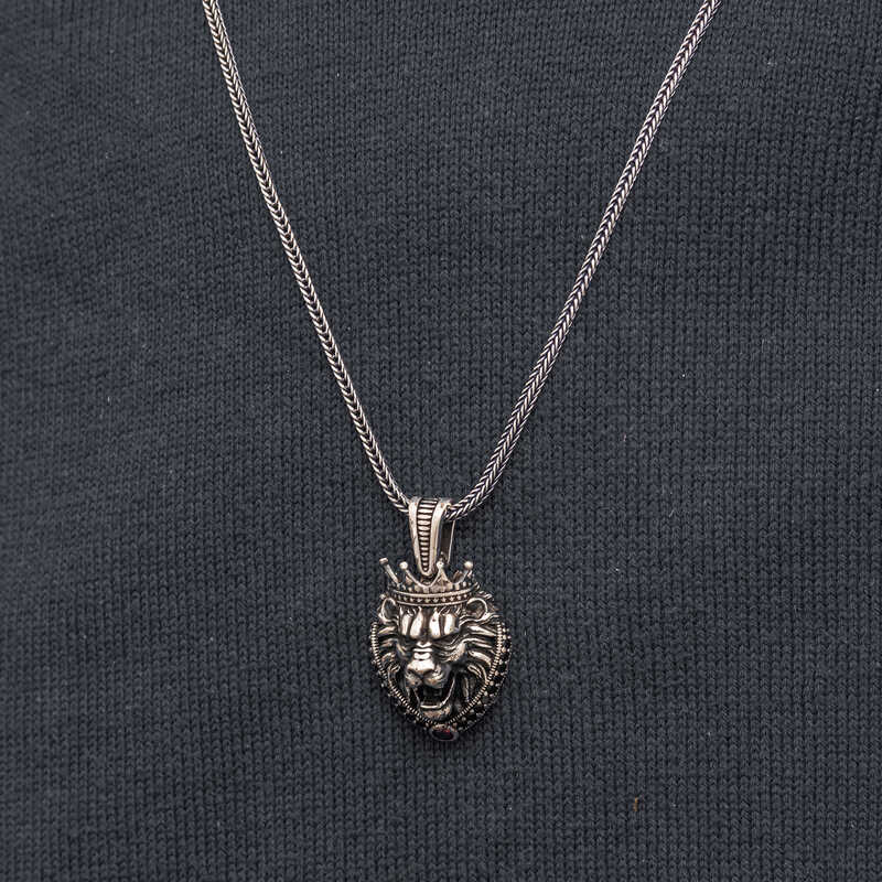 Crowned Lion Figure Men's Silver Necklace