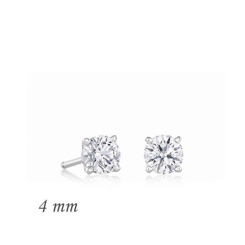 Round Single Stone Zircon Silver Earrings - 4 mm