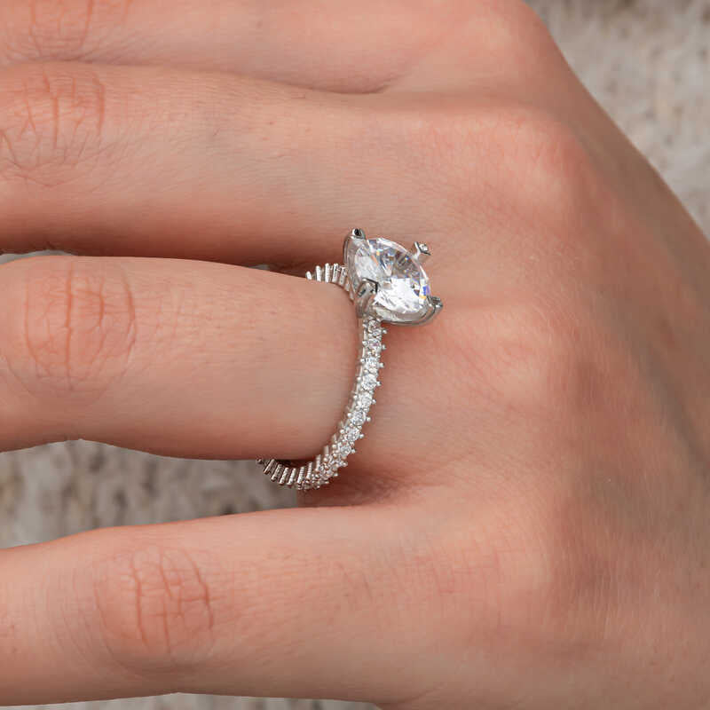 Single Stone Full Halo Women's Silver Ring