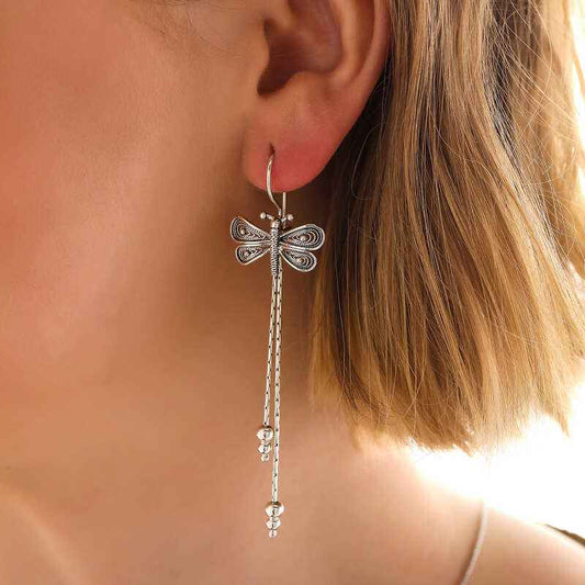 Silver Filigree Dangling Dragonfly Women's Earrings