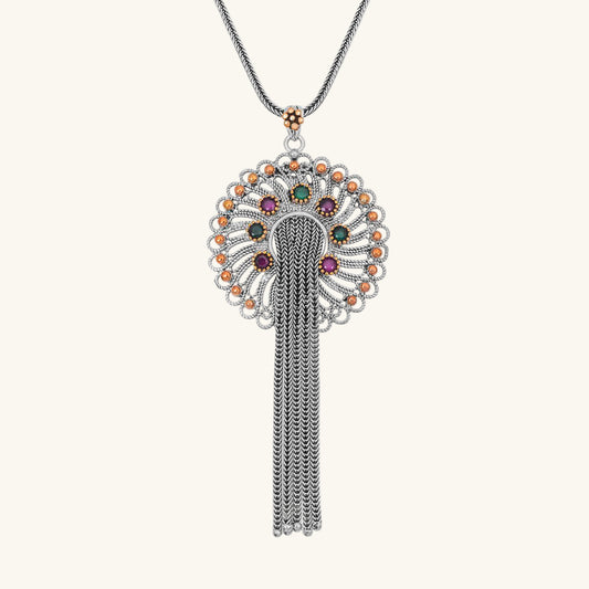 Silver Filigree Ruby Emerald Colored Stone Women's Necklace