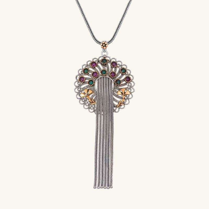 Silver Filigree Ruby Emerald Colored Stone Women's Necklace