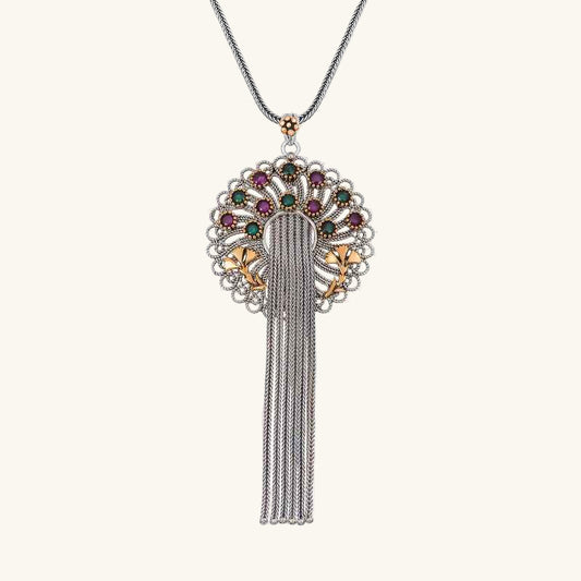 Silver Filigree Ruby Emerald Colored Stone Women's Necklace