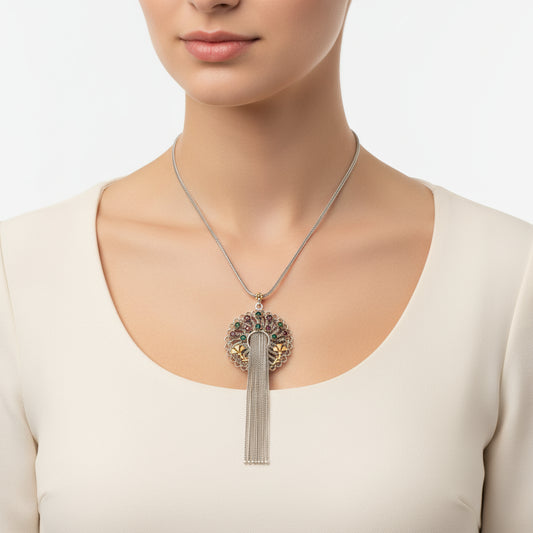 Silver Filigree Ruby Emerald Colored Stone Women's Necklace