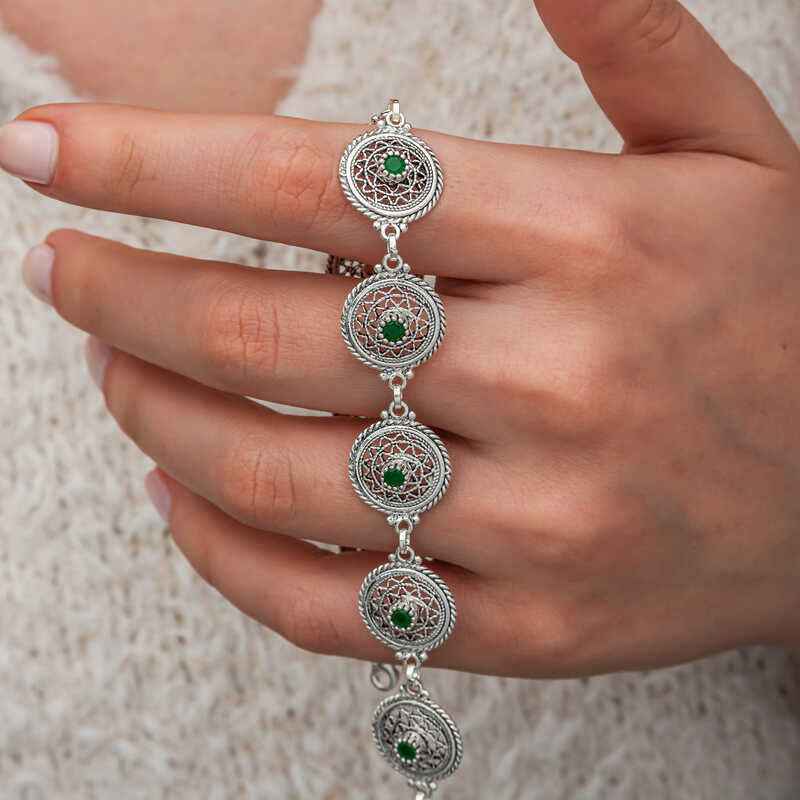 Filigree Emerald Stone Women's Silver Bracelet