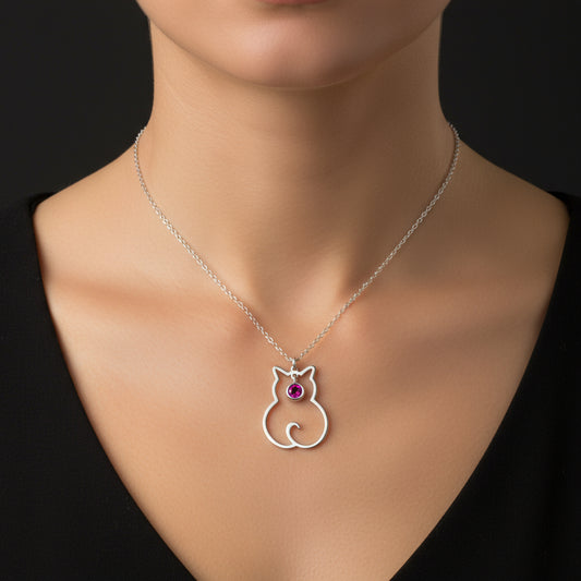 July Birthstone Cat Women's Silver Necklace