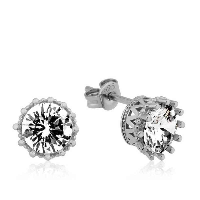 Single Stone Prong Set Stud Women's Silver Earrings