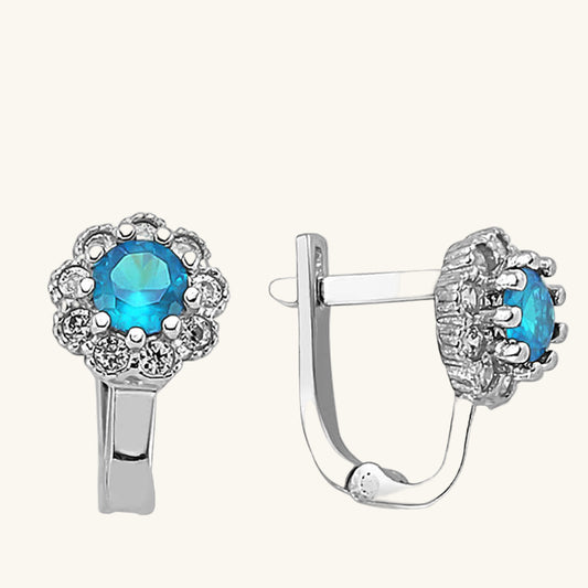 Turquoise Flower Pattern Round J Women's Silver Earrings