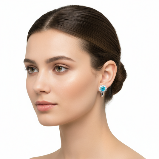 Turquoise Flower Pattern Round J Women's Silver Earrings