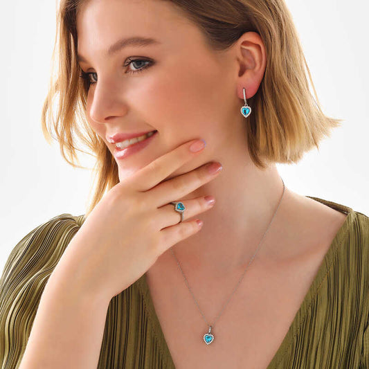 Turquoise Stone Heart Women's Silver Set