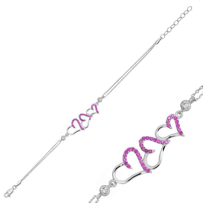 Pink Three Heart Women's Silver Bracelet