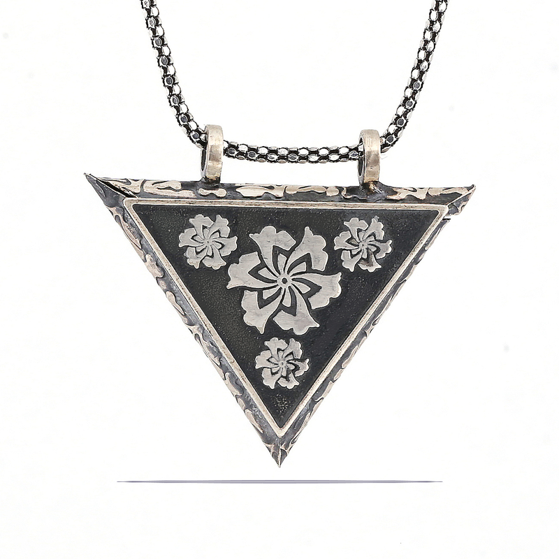 Triangular Openable Flower Locket Silver Necklace