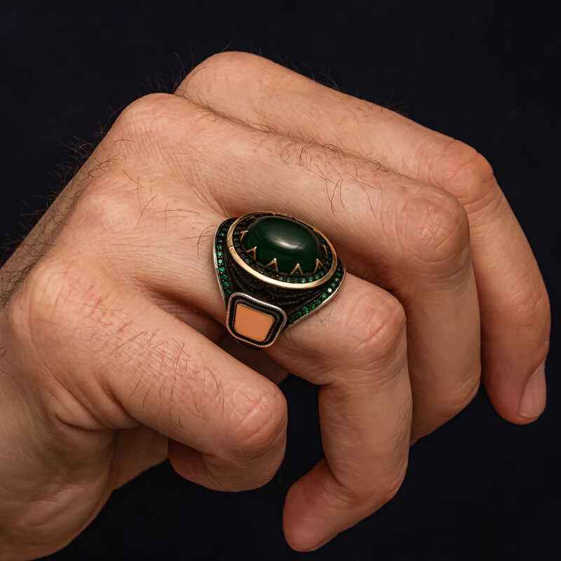 Green Agate Stone Men's Silver Ring