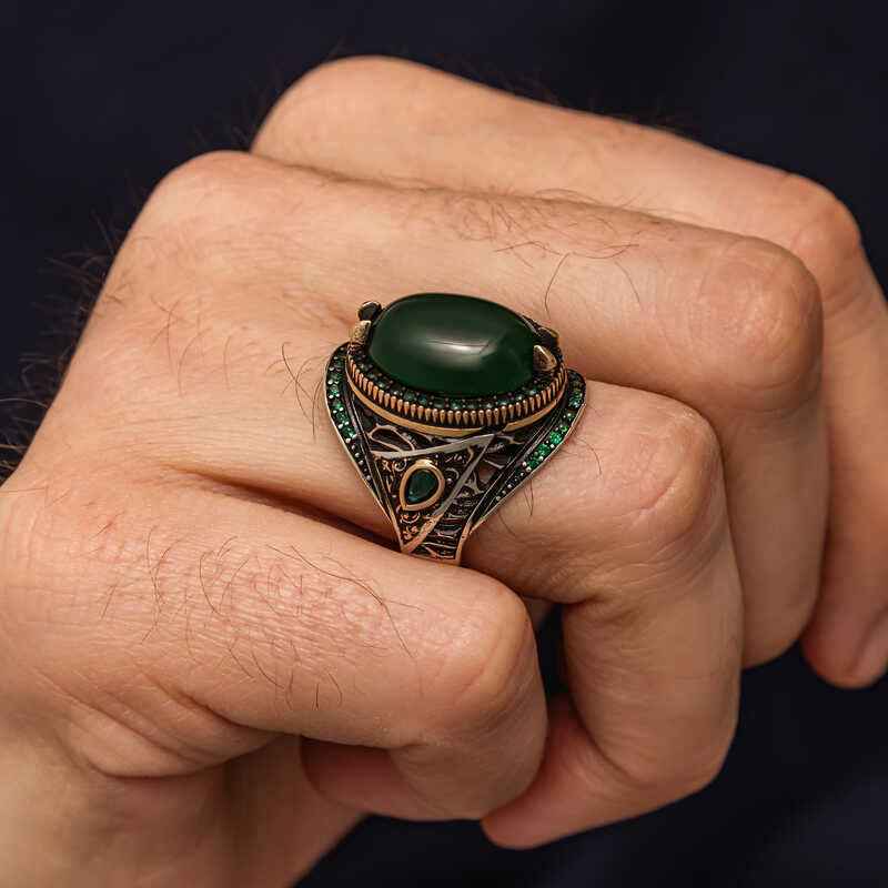 Green Agate Stone Men's Silver Ring