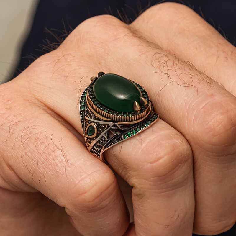 Green Agate Stone Men's Silver Ring